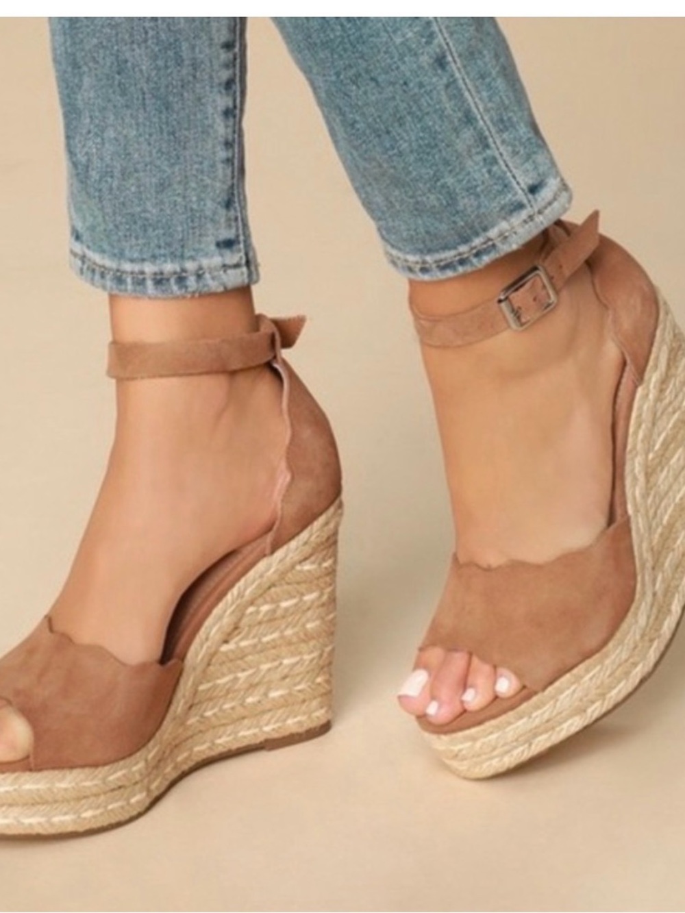 Womens Tan Susana Suede Espadrille Wedge Sandals with Ankle Strap